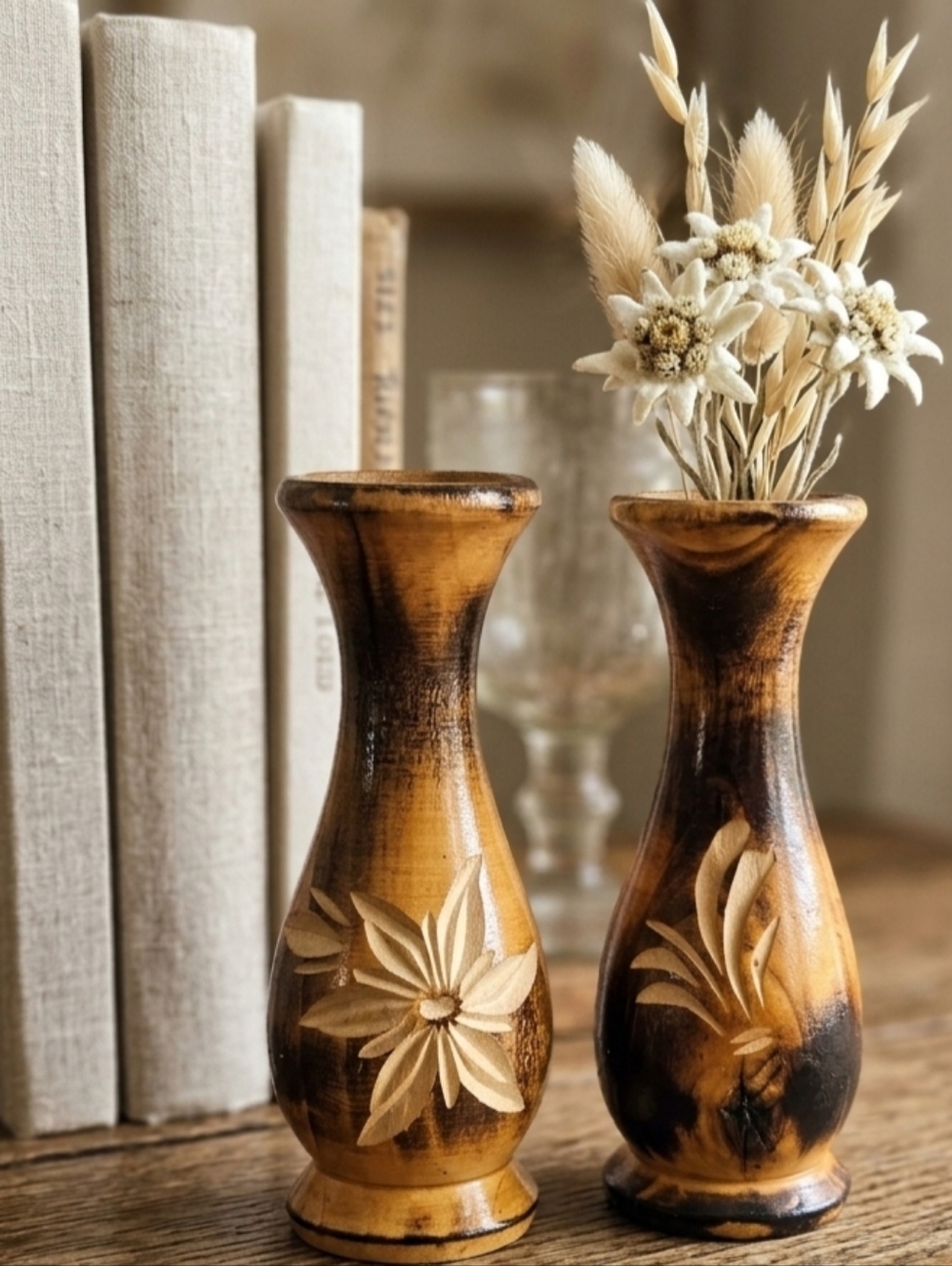 Unbranded Vintage Hand Carved Wood Bud Vases Set 2 Poland Boho Folk Core Art